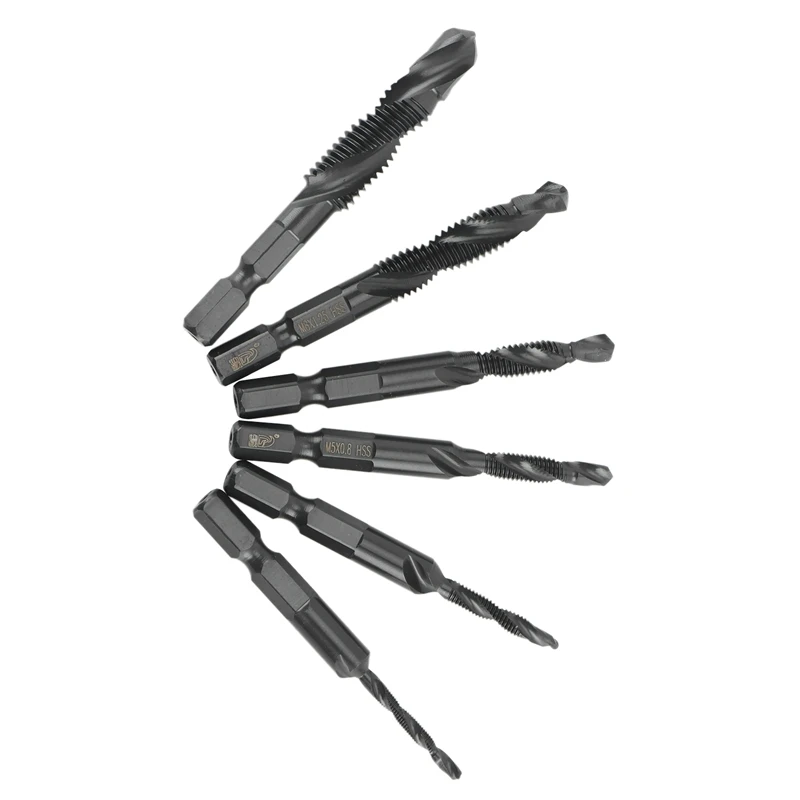 6 Pcs Drill Tap Bits Set HSS Drill & Tap Bit Set Screw Tapping Bit Tool Hex Shank Tool Kit Metric Thread M3- M10