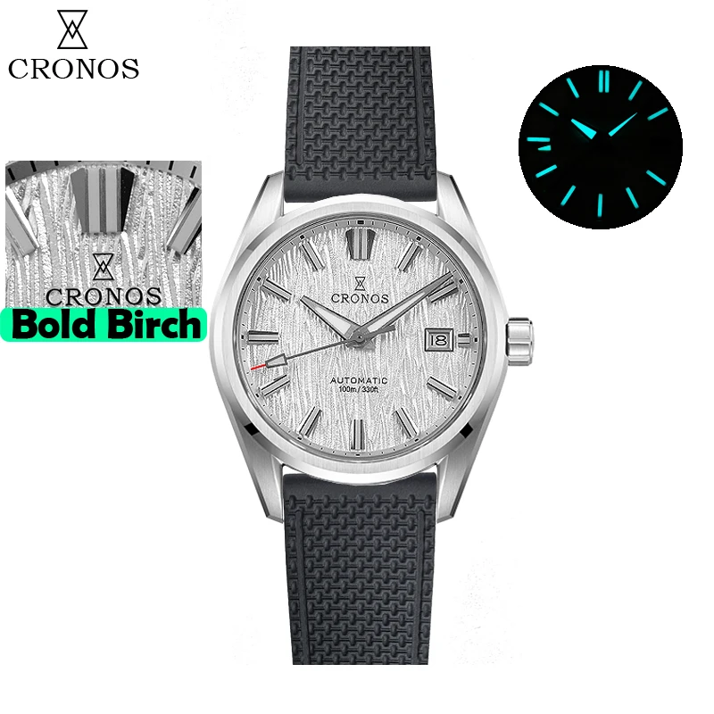 Cronos Herenhorloge 39mm Automatisch Miyota 9015 uurwerk Polshorloges Witte wijzerplaat Berkenpatroon Massieve schakels Saffier 10 ATM L6040M