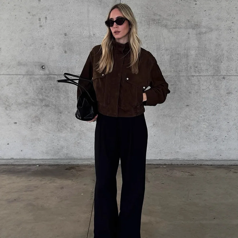 

Ele Casual Sle Long Sve ort Suede Jaet 2025 Women's New Faion Polyester Fiber Pure Color Slim Fit Summer Coat