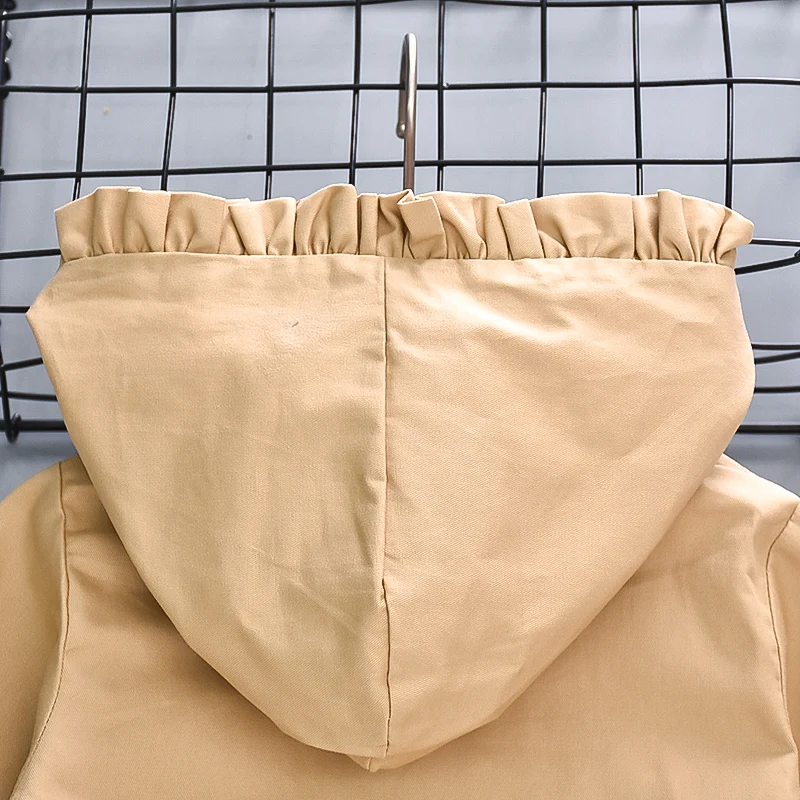 Spring/Autumn Baby Girl Windbreaker Baby Girl Solid Color Hoodie Single breasted Long sleeved Coat Ear fungus Edge Casual Coat