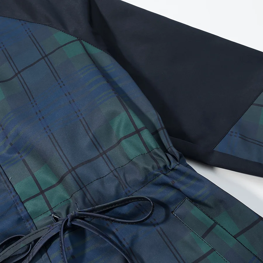 Windbreaker mit Kapuze für Damen, kariert, mit Reißverschluss, Kordelzug in der Taille, lange Ärmel, mit Taschen, marineblau, kurz geschnitten, locker, bequem, weich, schick, Herbst-Windbreaker – Detail 11
