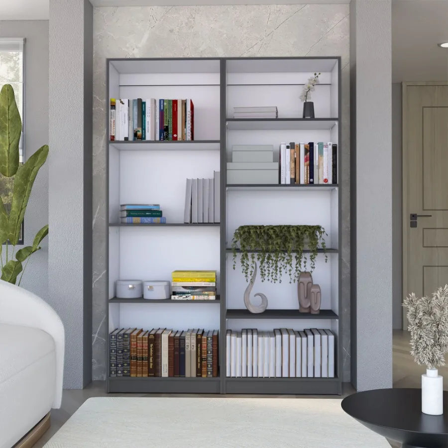 

2 Piece Bookcase Living Room Set Storage Cabinet 49 Wide and 9 Shelves Matt Gray White