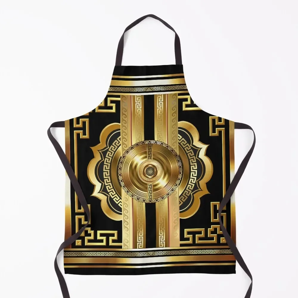 Ornate Black Gold Medallion Baroque Large Greek Key Apron Kitchen Accessories 2022 Kitchen Tools Accessories Apron