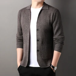 New Autumn Men's Solid Color Long Sleeve Cardigan, Daily Commuter Casual Sweater, Fashionable Hollow Out Lapel Cardigan.