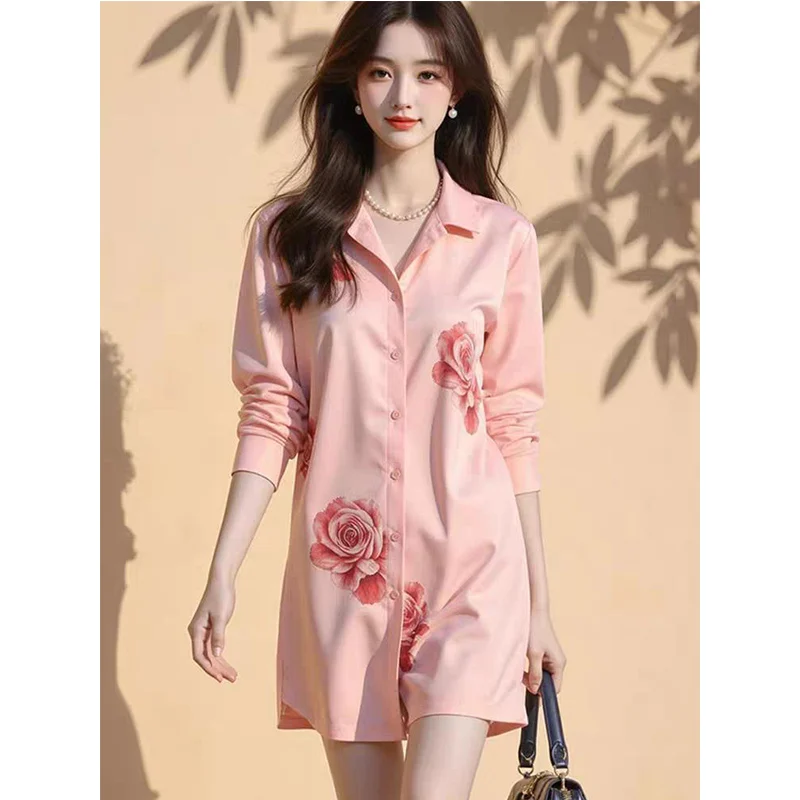 

Spring New Printing Mid Length Top Ladies Office Lady Simplicity Loose Polo-Neck Shirt Dress Women Clothes Casual Buttons Tops