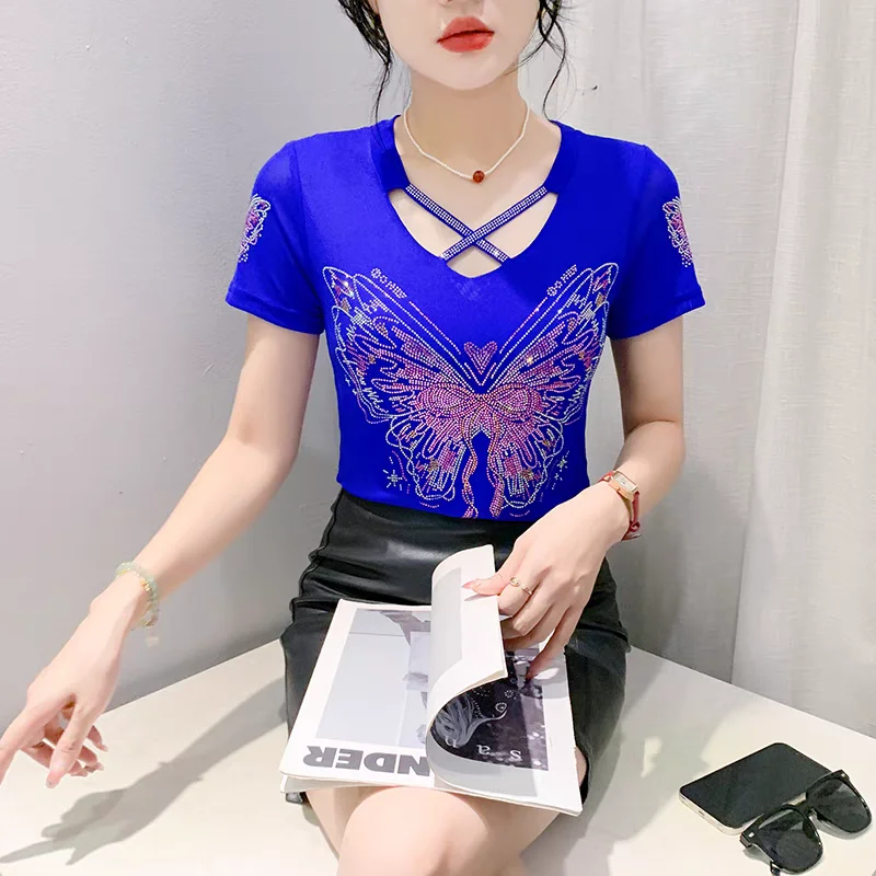 High-end Custom Summer European Ladies Clothes T-Shirt Fashion Shiny Diamonds Women Tops Sexy Hollow Out Embroidery Mesh Tees