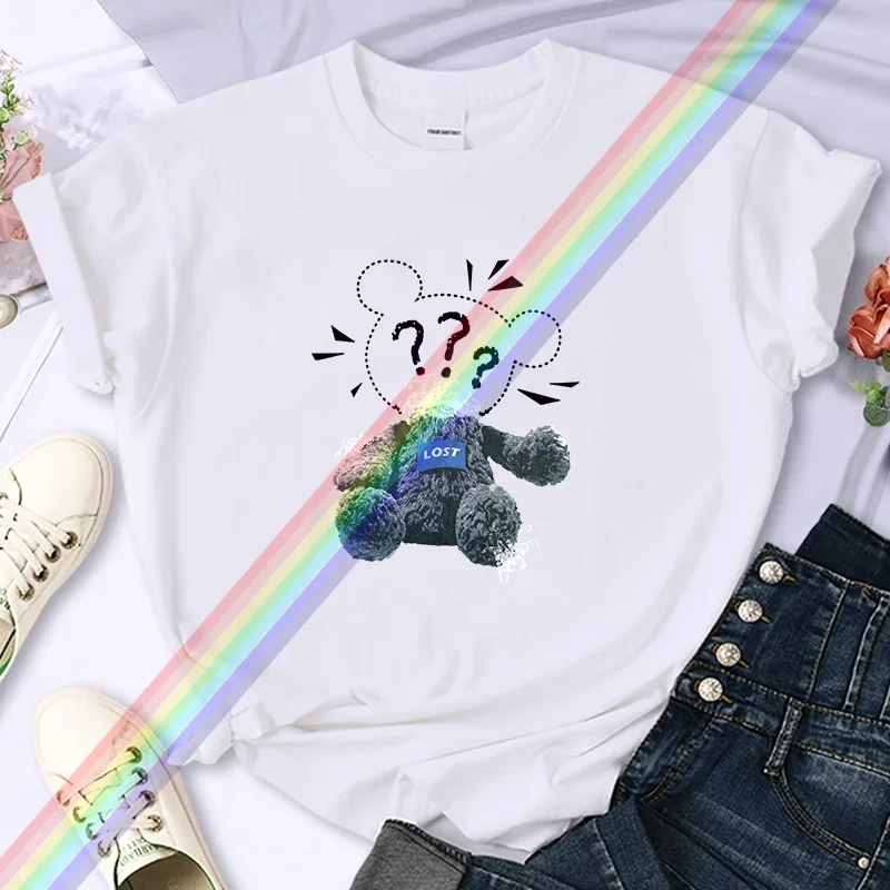 Camiseta de lujo con estampado de oso y letras para mujer, camiseta de verano de alta calidad, 100% algodón, informal, de gran tamaño, Y2k, manga con personalidad, cuello redondo