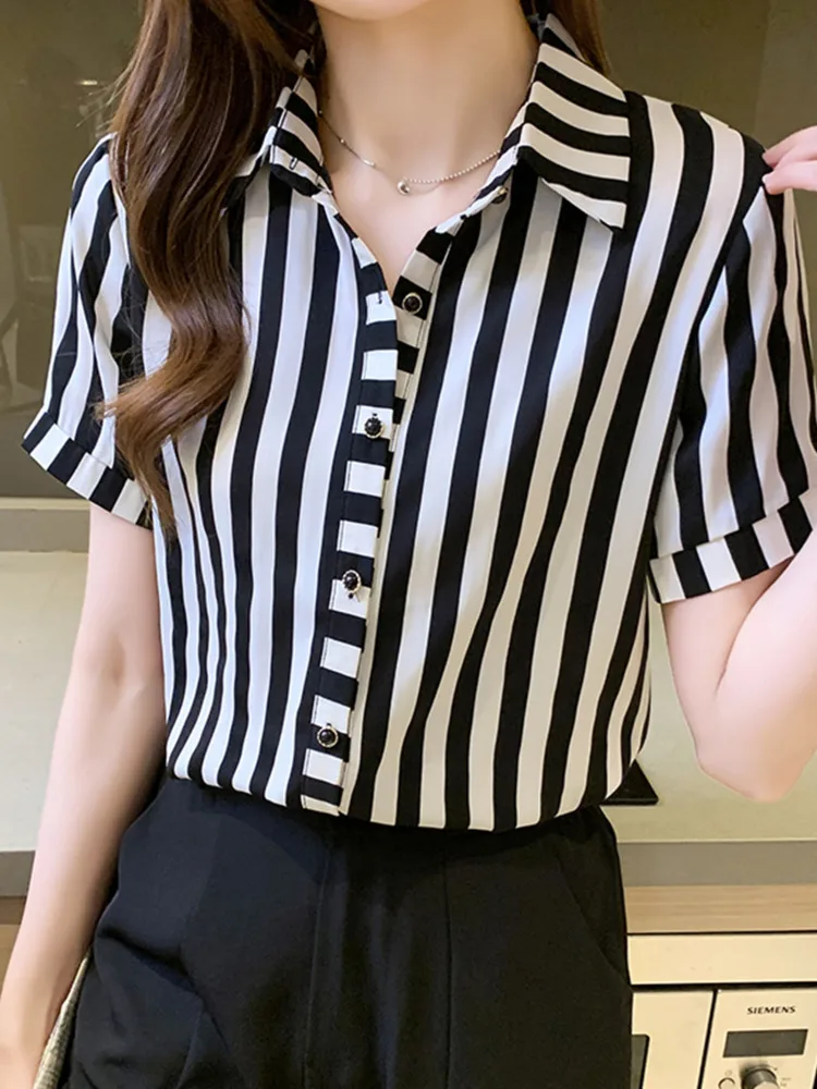 #3303 Summer Black And White Striped Shirt Women Single Breasted Office Shirt Femme Short Sleeve Satin Shirt Elegant Regular Fit