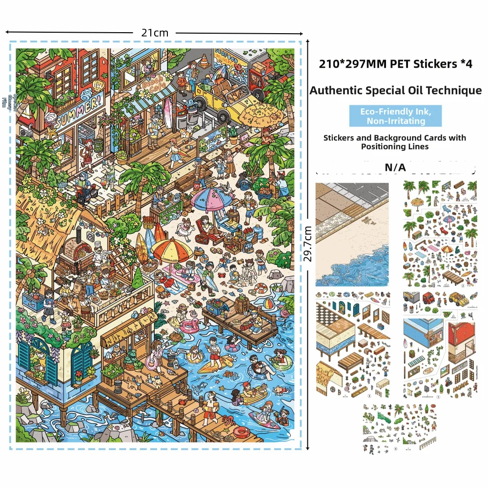 Travel Theme 3D Stacking Stickers Large Size PET Die-cut Mini Scene Stickers Island Beach Camping Farm Cartoon Stickers