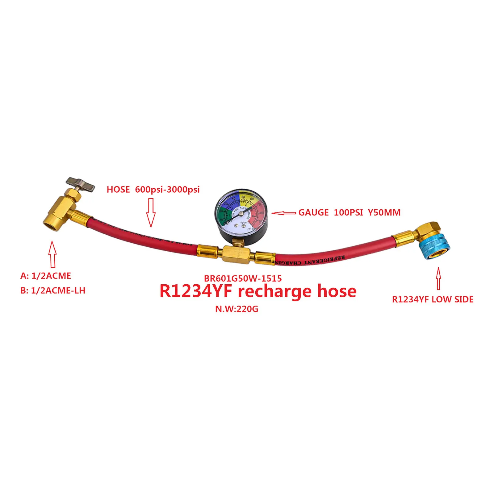 R1234YF U-Charge Hose With Gauge Car Recharge Charging Pipe 1/2 LH Can Opener For R1234YF LOW SIDE Efficient And Accurate Chargi