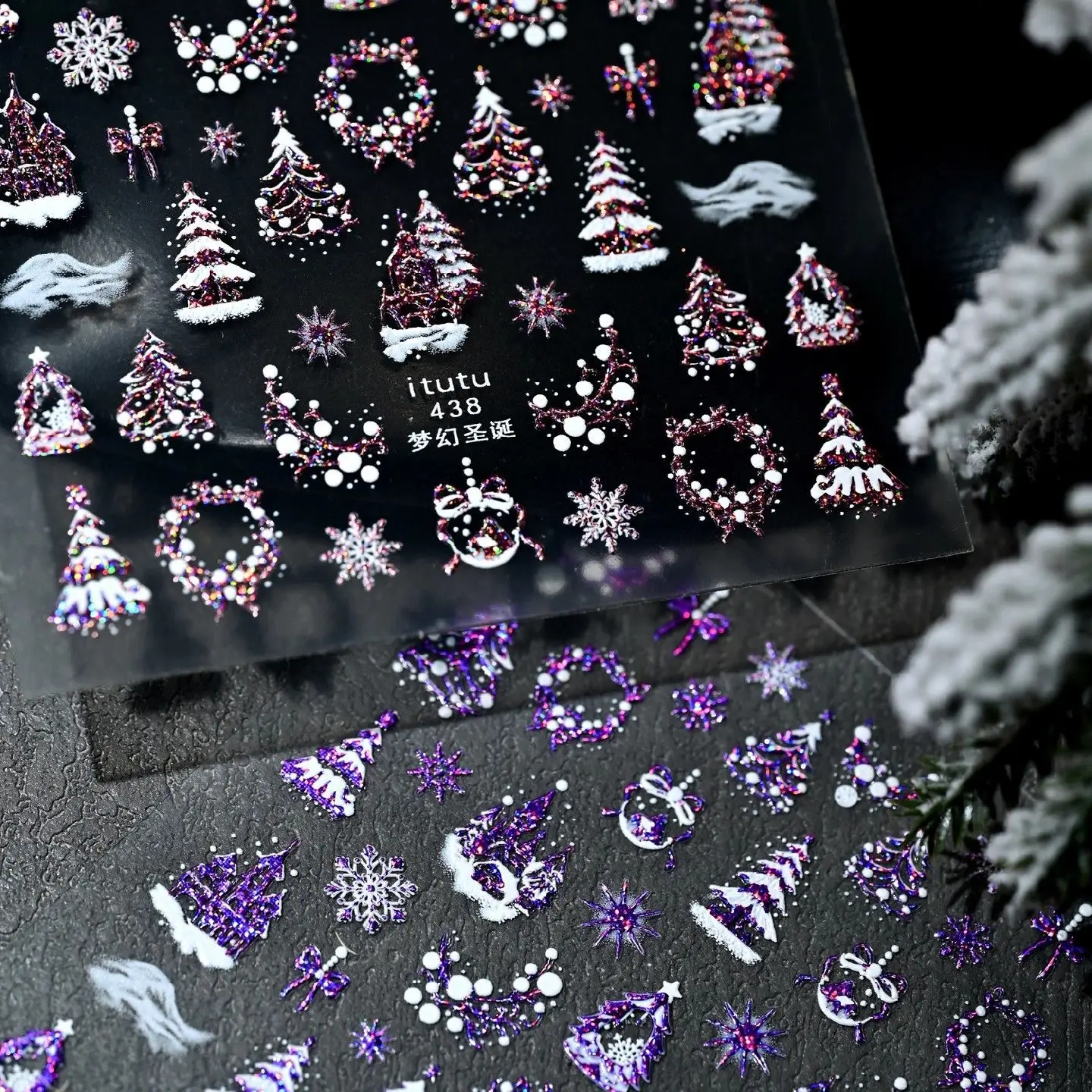 5D الملونة الوردي الأرجواني ندفة الثلج شجرة عيد الميلاد مسمار ملصقات حالمة ندفة الثلج كريستال الكرة القلعة عيد الميلاد تصميم مسمار ملصقات فنية