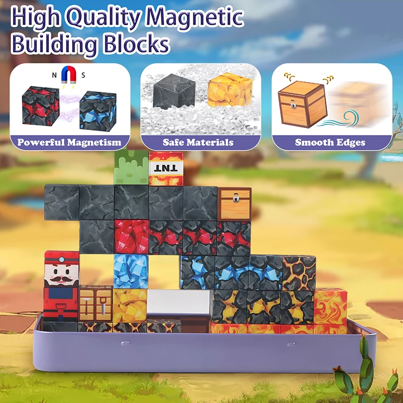 35 STKS Mijn-Thema Magnetische Bouwstenen Magneet Kubussen met Draagbare Ijzeren Doos STEM Zintuiglijke Reizen Speelgoed voor Kinderen Kerstcadeaus