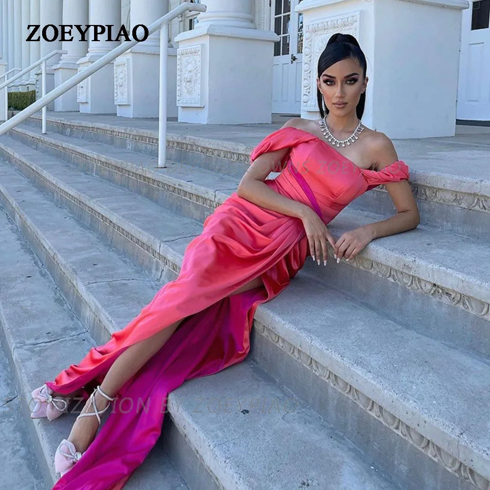 

New Arrival Satin Re/Pink Evening Dress For Women Short Sleeves Prom Gowns Side Slit Sexy Party Dress Pleat A Line Formal Dress