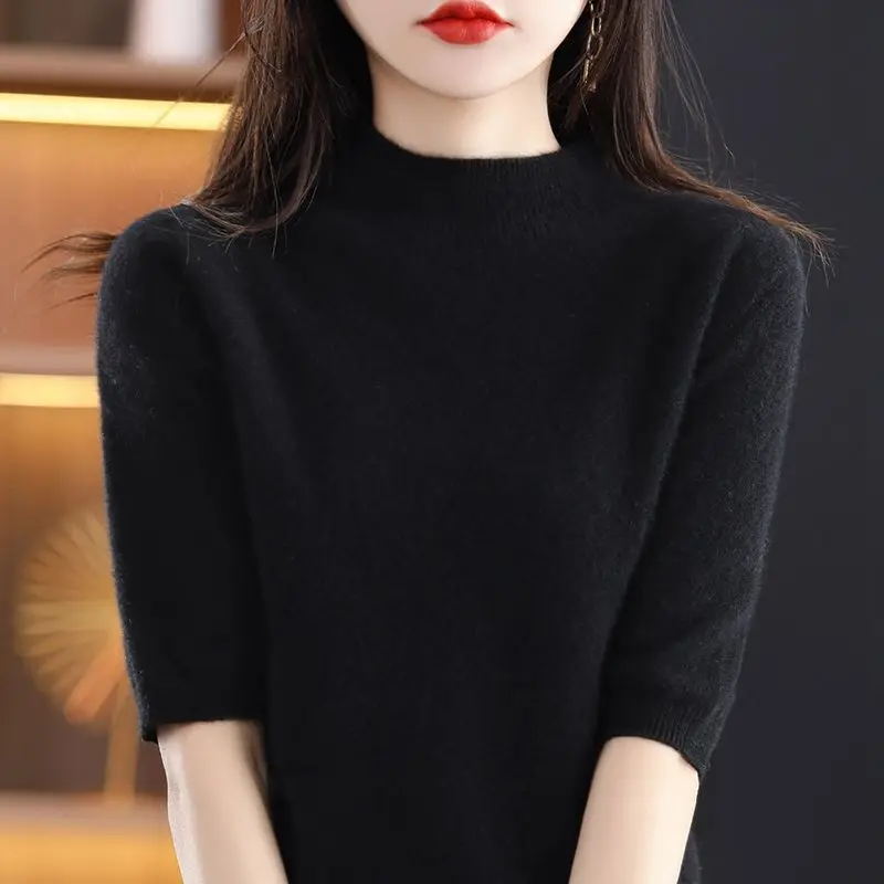 Fashion Women Half Turtleneck Half Sleeve Sweater Korean Simple New Solid Loose Versatile Casual Basic Knitted Pullovers Tops