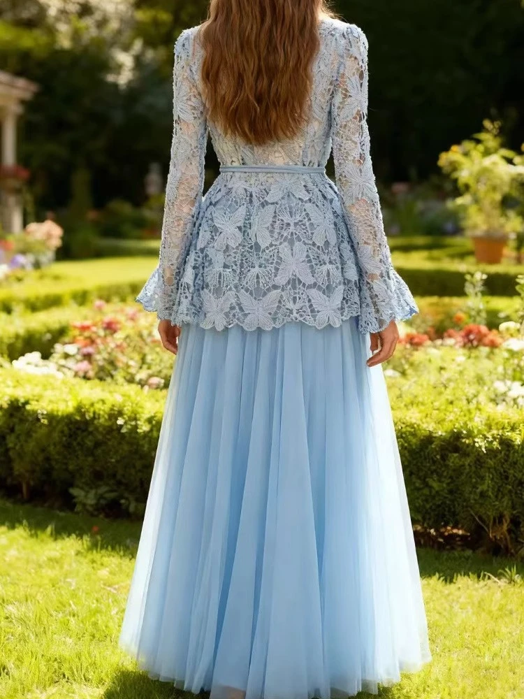 Conjunto de dos piezas de faldas largas de malla para mujer, camisa de encaje con cordones, manga larga, cuello en V, moda francesa elegante, Top de cintura alta, corte en A, otoño