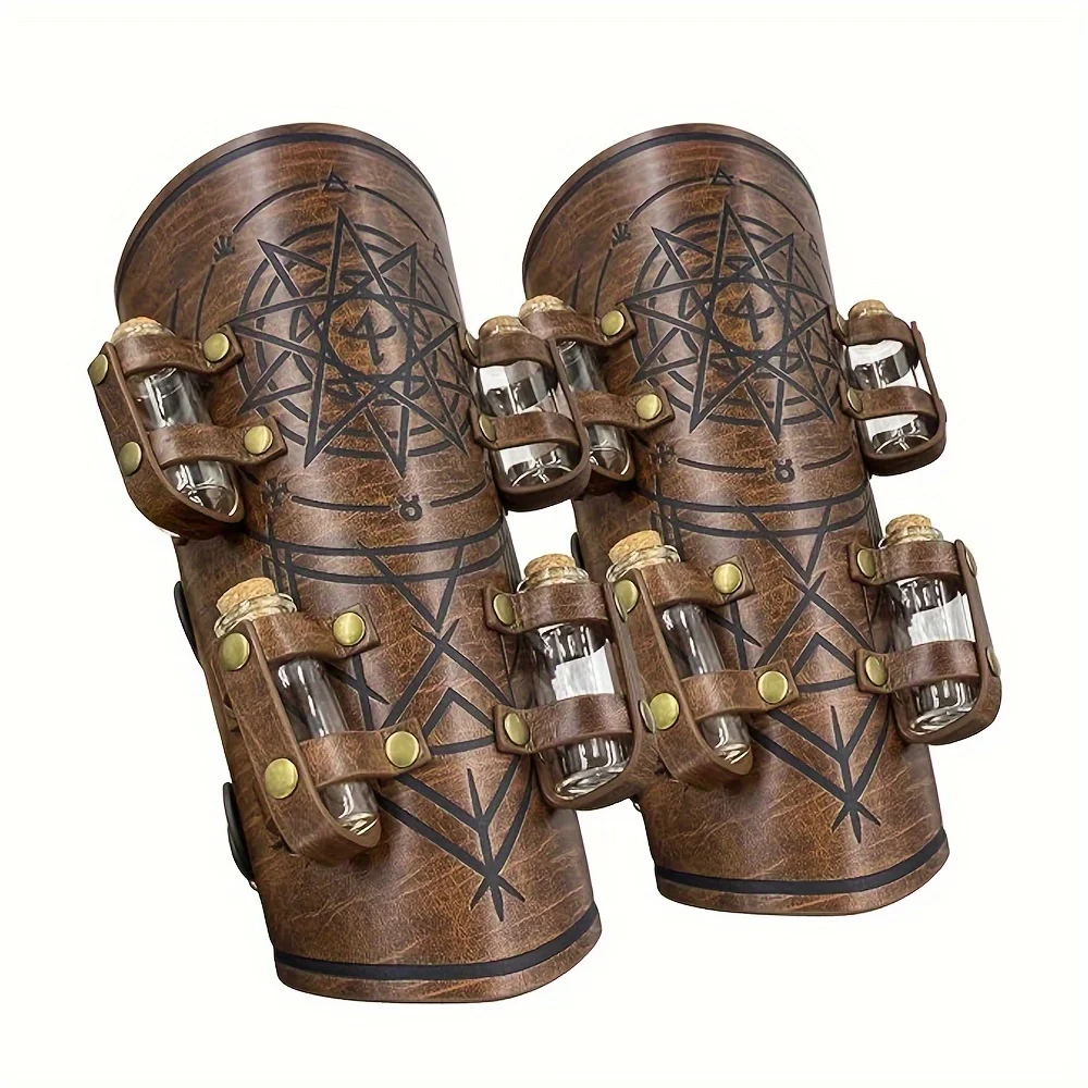 Medieval Embossed Alchemy Bracers, Equipped with 8 Cork Bottles, Fantasy Faux Leather Buckle Arm Guards, Magical Archer Gloves
