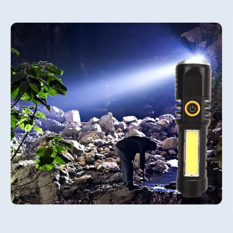 

Telescopic Flashlight Strong Light TYPE C Charging Black With Silver Ring Telescopic Torch For Camping