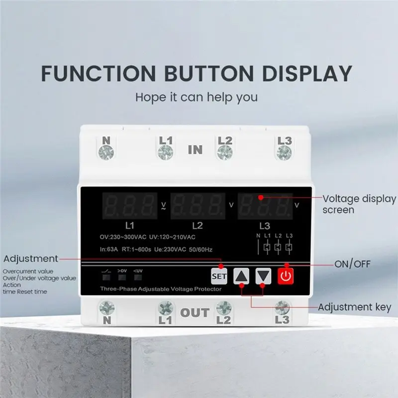 PORK-Over/Under Voltage Relay 3 Phase Voltage Current Relay Protector 230-300VAC 3P Adjustable Current Limiter