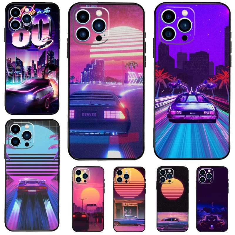 Synthwave 80s Retro Car Case For iPhone 11 12 13 14 15 16 Pro Max Mini X XR XS Max 7 8 Plus Soft Back Cover