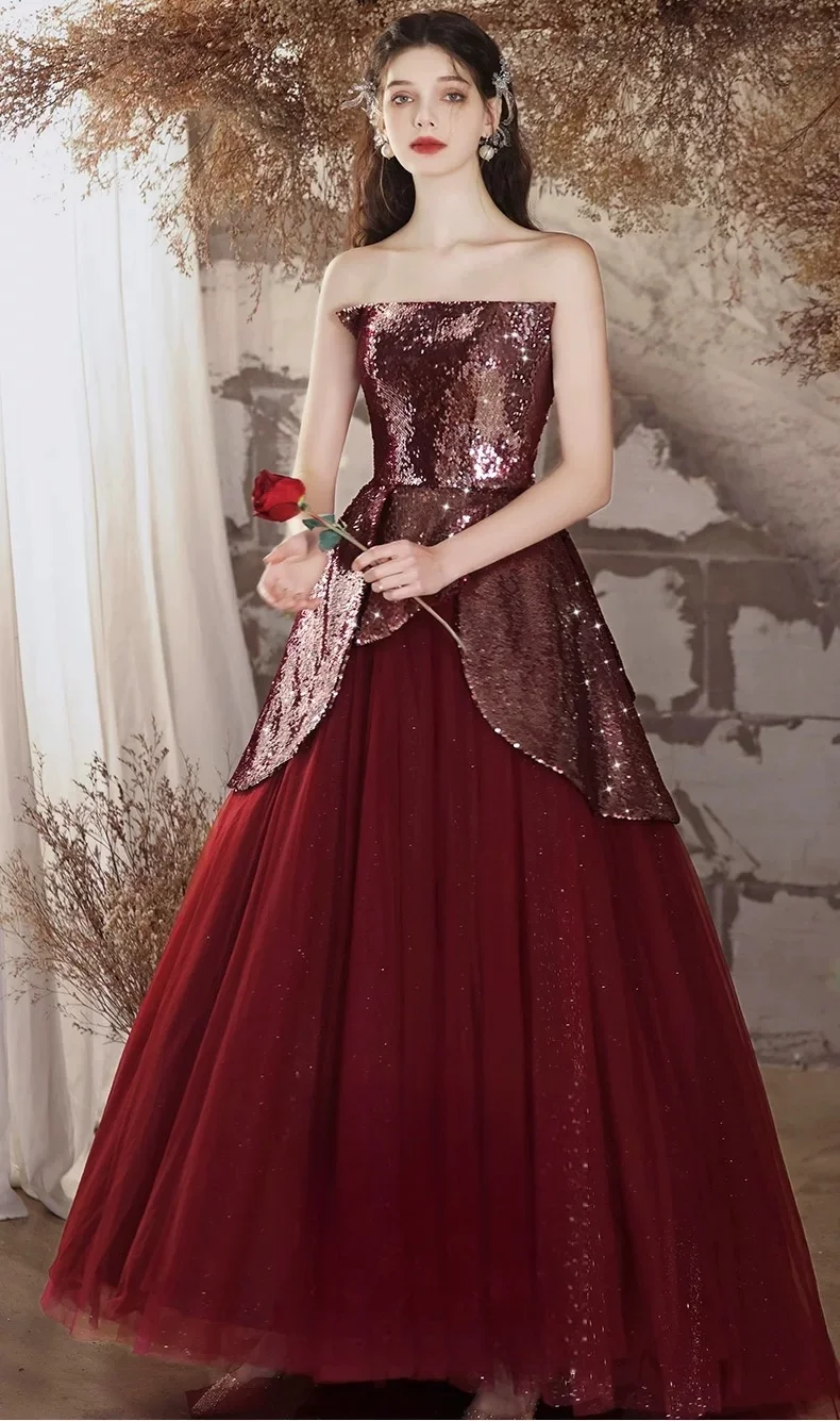 Vestido de novia brillante de Color cereza con lentejuelas, corte en A, sin mangas, plisado, largo hasta el suelo, banquete, fiesta de graduación, vestidos de noche