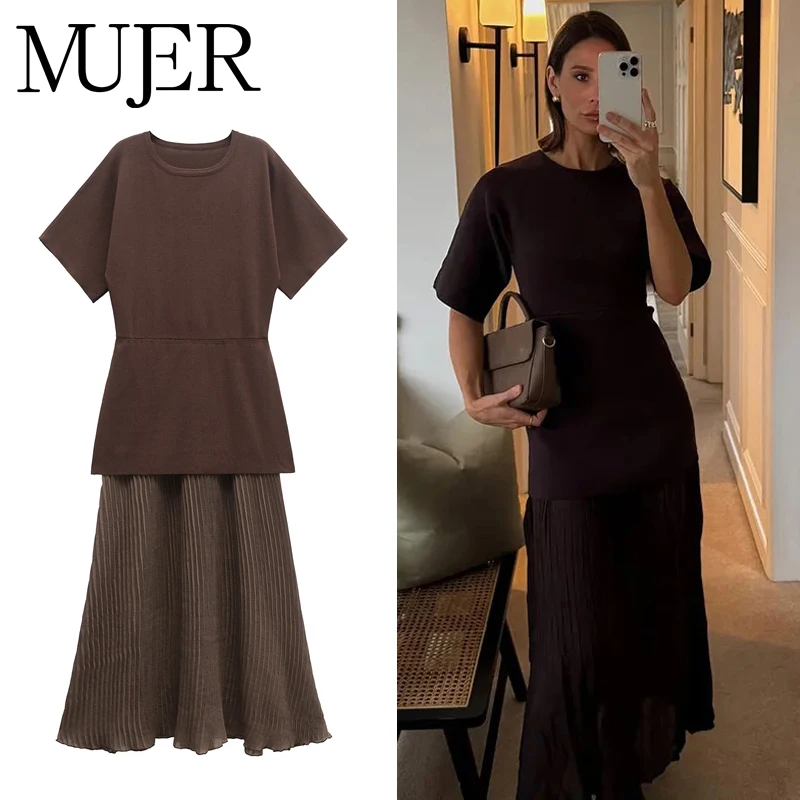MUJER Pleated Knitted Long Dresses for Women Short Sleeve Maxi Dress Woman Vintage Party Womens Dresses Patchwork Women's Dress