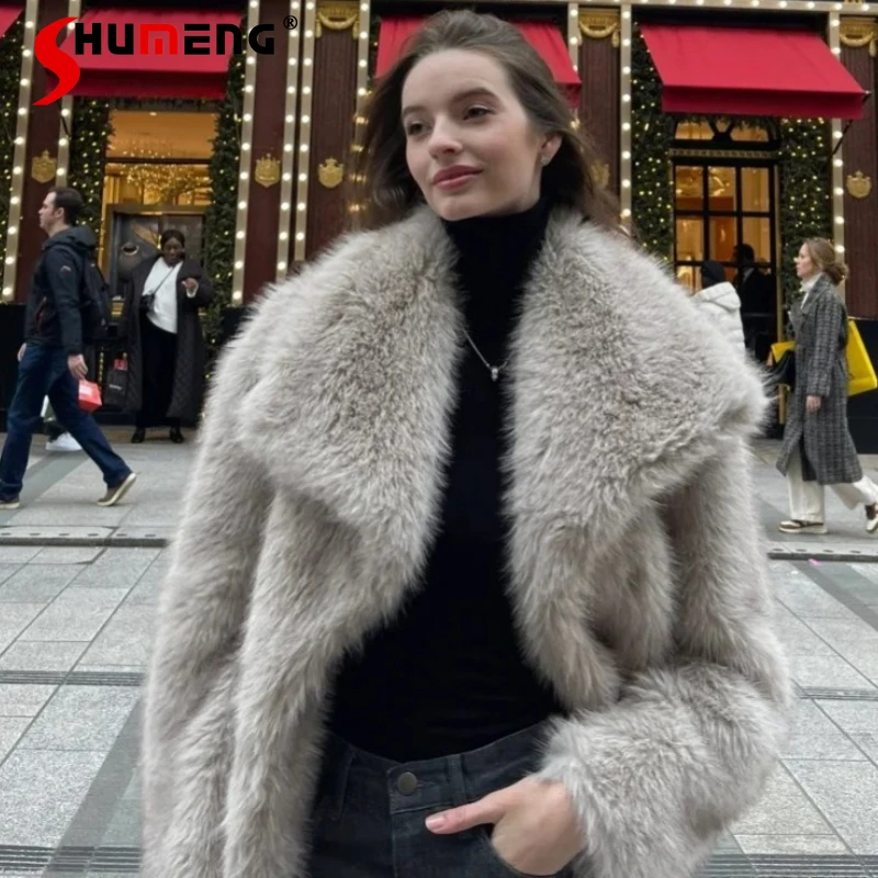 Women's Trendy Faux Fur Coats 2025 Autumn Winter New Stylish Faux Fur Coat Women's Lapel Fashion Solid Color Long Sleeve Jackets