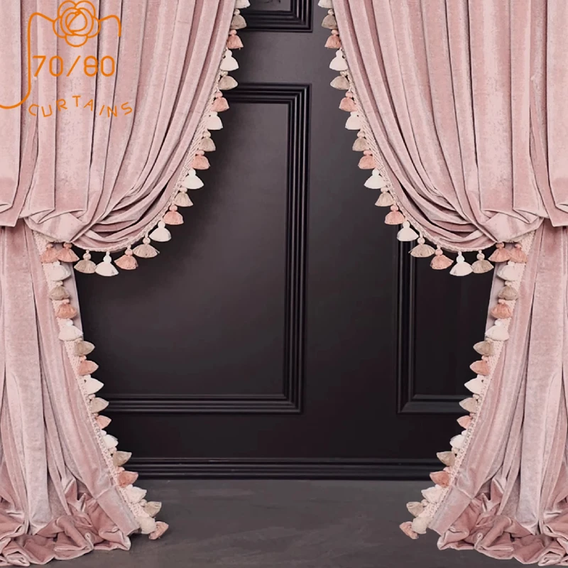 

Customized Pink Velvet Lace Splicing Blackout Curtains for Living Room Bedroom French Window Balcony Floating Finished Products