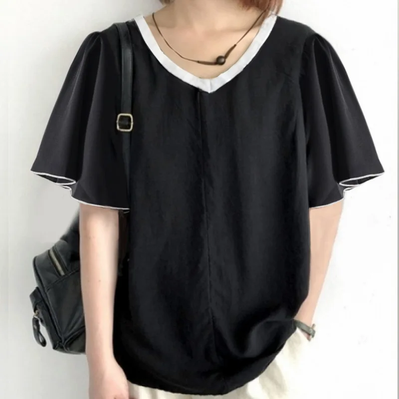 

Spot Japanese Style2025Hot-selling Summer New StylesvColor-Block Tie Sleeve Patchwork Shirt
