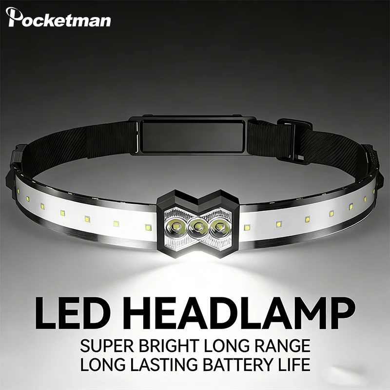

LED Headlamp with Wide Beam Rechargeable Headlight with 3 LED Beads Side Strip Lights Waterproof Head Lamp for Camping Running