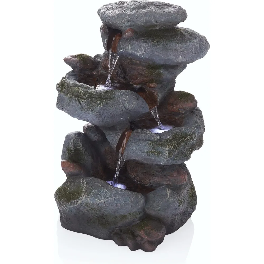 Outdoor Floor 3-Tiered Rock Waterfall Fountain with LED Lights and Natural Stone Look, 22