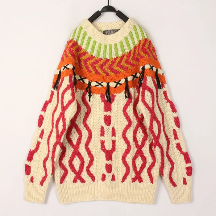 

Vintage Sweet Ethnic Style Hooked Wool Sweater Overhead Coat Japanese Harajuku Wind Long Sleeve round Neck Regular Length