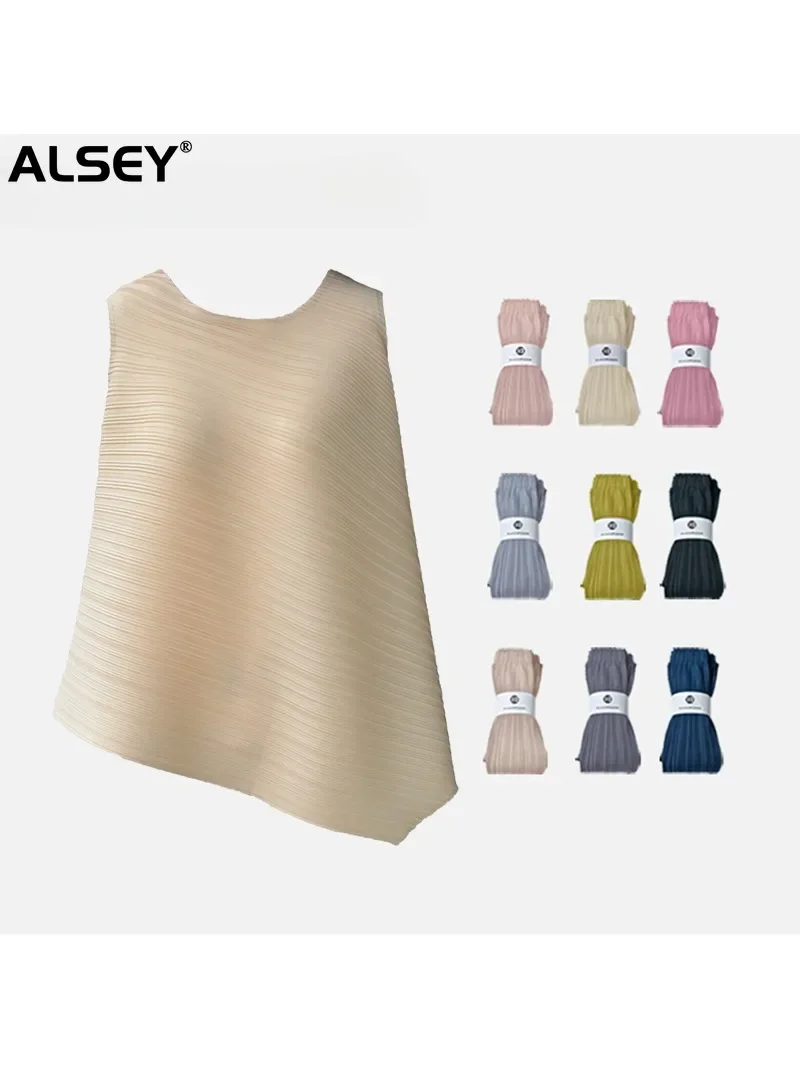 

ALSEY Miyake Pleated Round Neck Top Irregular Slant Lapel Sleeveless Fashion Loose Vest Office Ladies Summer New Women's T-Shirt