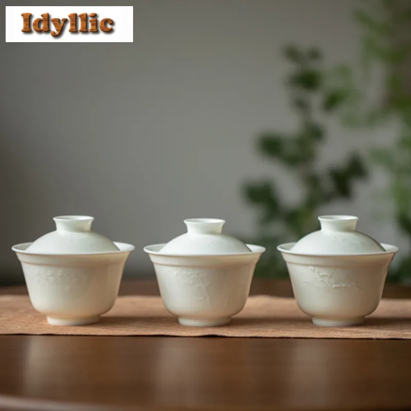 

120ml Pine Bamboo And Plum White Porcelain Gaiwan Antique Tea Tureen Tea Bowl With Lid Kit Tea Making Cover Bowl Drinkware Craft