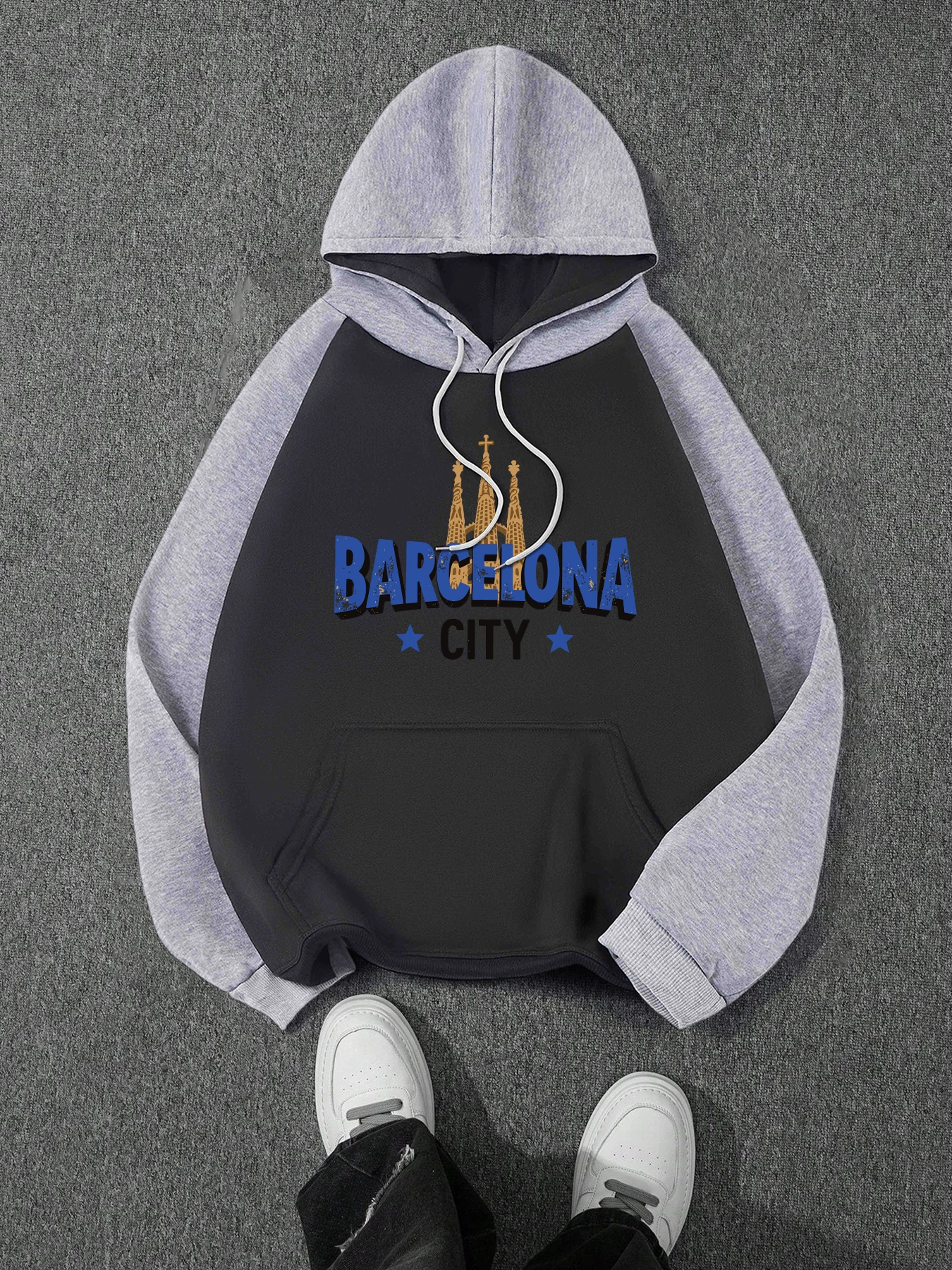 Barcelona sagrada família catedral impressão masculina raglan hoodie outono pulôver bolso casual com capuz velo topo moda streetwear