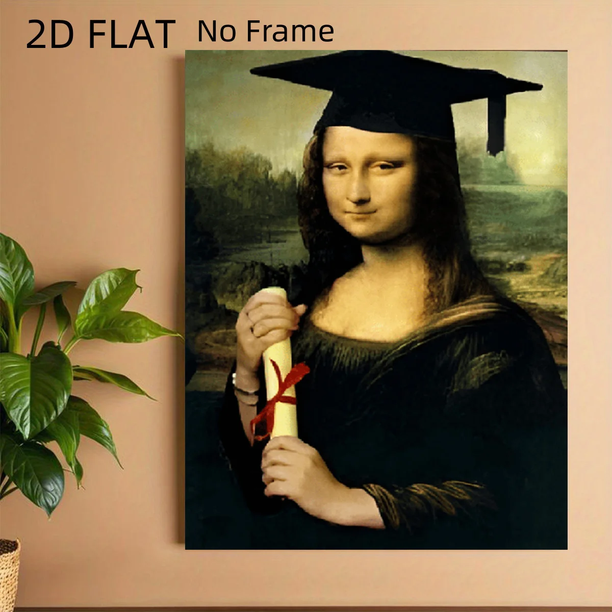 2D Flat, 2D Flat, 2D Flat No Frame Posters Retro Parody Style, Mona Lisa Wearing a Graduation Cap, Hand Holding a Diploma wit