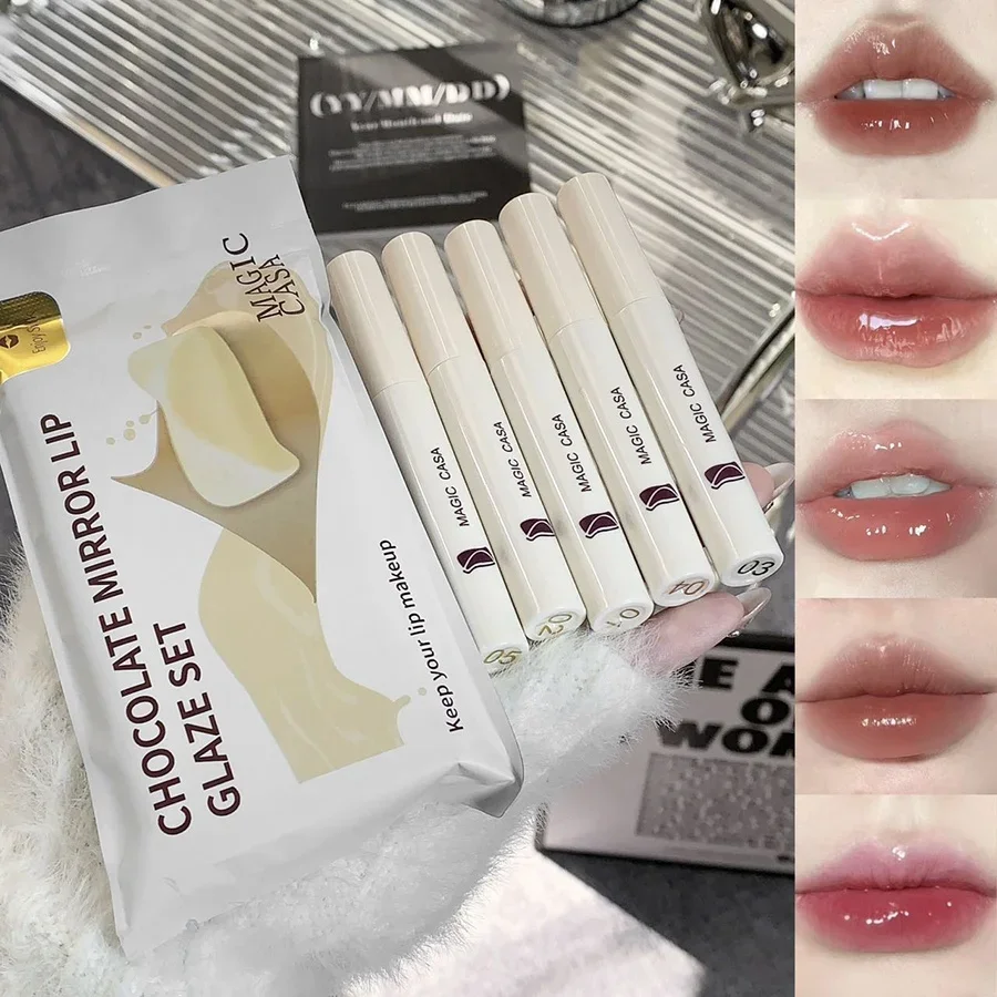 Conjunto de esmalte labial mágico casa, espelho de chocolate, longa duração, à prova d'água, copo antiaderente, brilho labial, hidratante, batom líquido