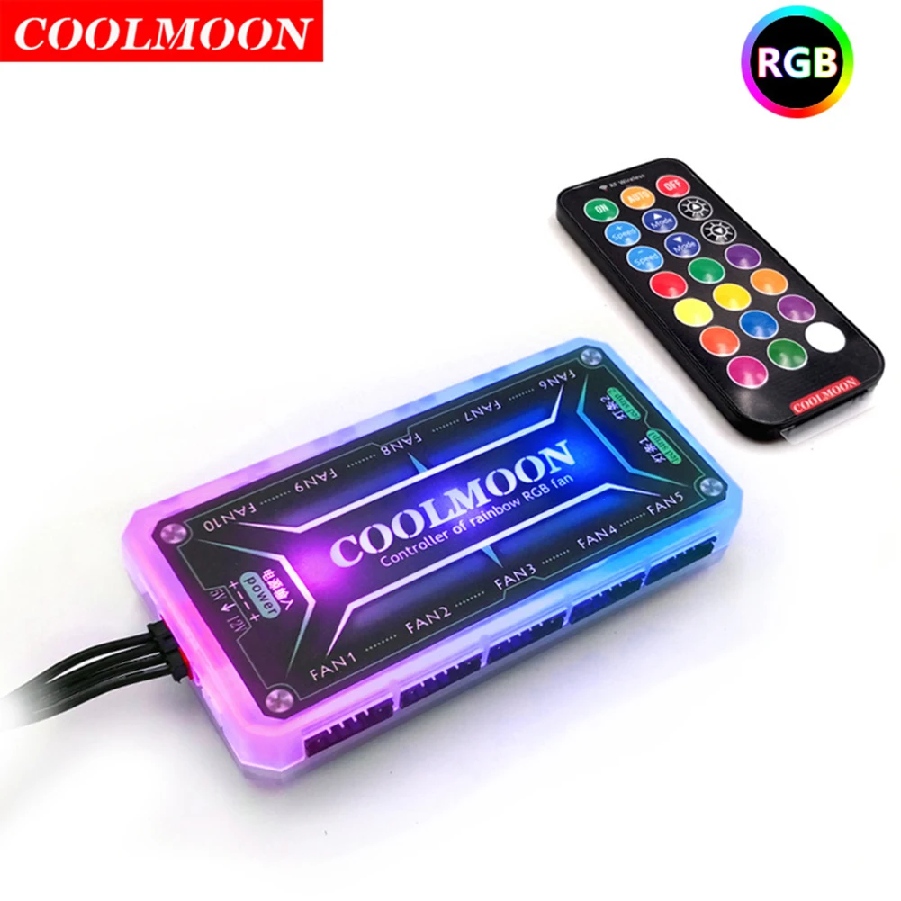 COOLMOON RGB Remote Controller DC12V 5A LED Color Intelligent Controller With 10pcs 6-pin Fan Port 2pcs 4-pin Light Bar Port