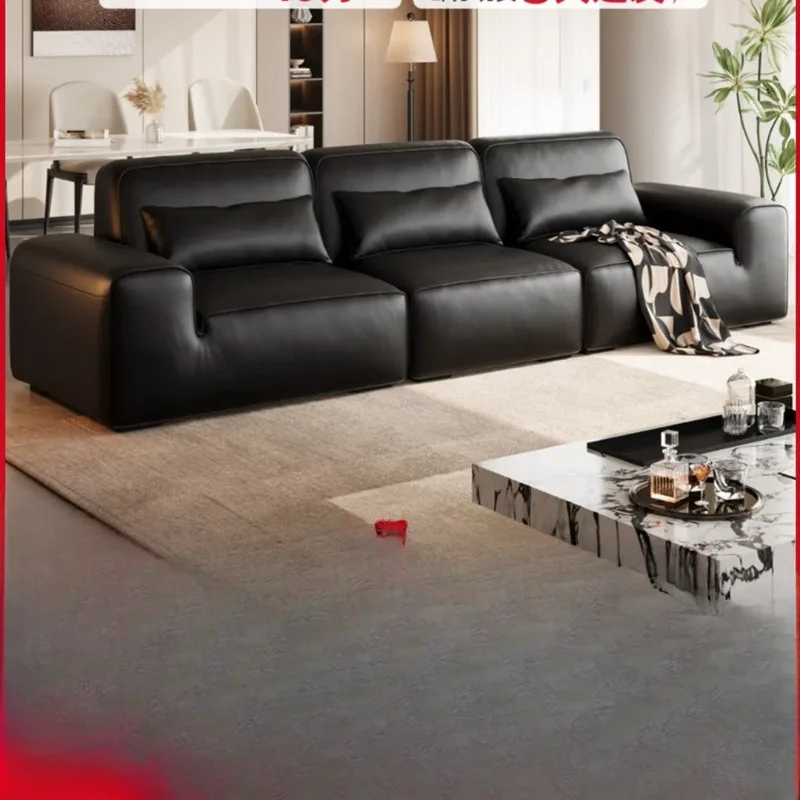 

Italian minimalist first layer cowhide, big black cow straight row black leather sofa