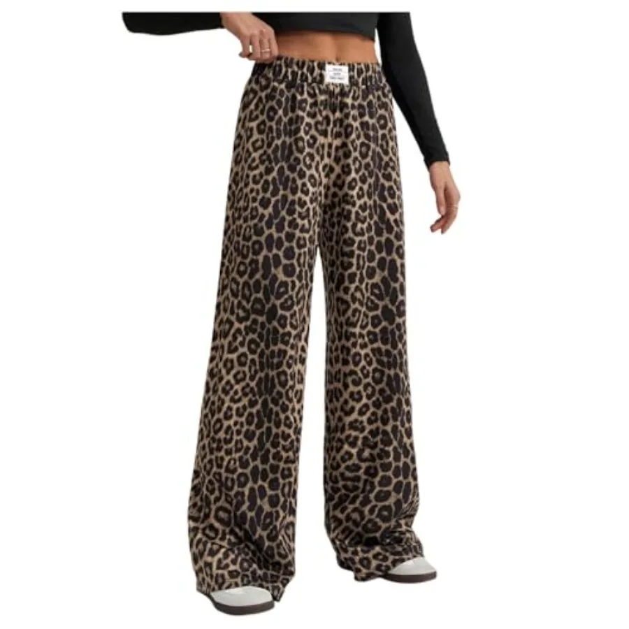 

RoseSeek Women's Leopard Print Wide Leg Pants Patched Elastic Waist Casual Loose Trousers
