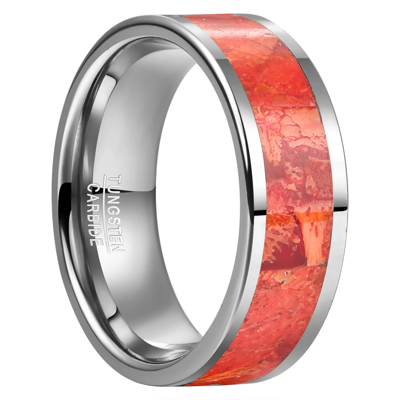 Nuncad 4mm 8mm Tungsten Carbide Steel Ring Falt Steel Brushed Inlaid Red Grass Coral Ring For Men Fashion Jewelry