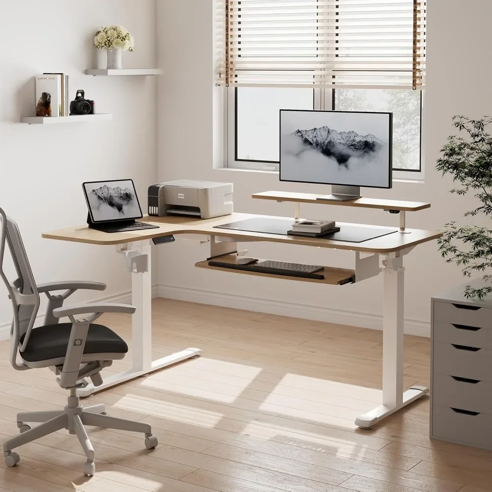 

Adjustable Height 61" Electric Sit Stand Computer Desk L Shaped with Keyboard Tray, Monitor Stand, Dual Motor Memory Presets Sit