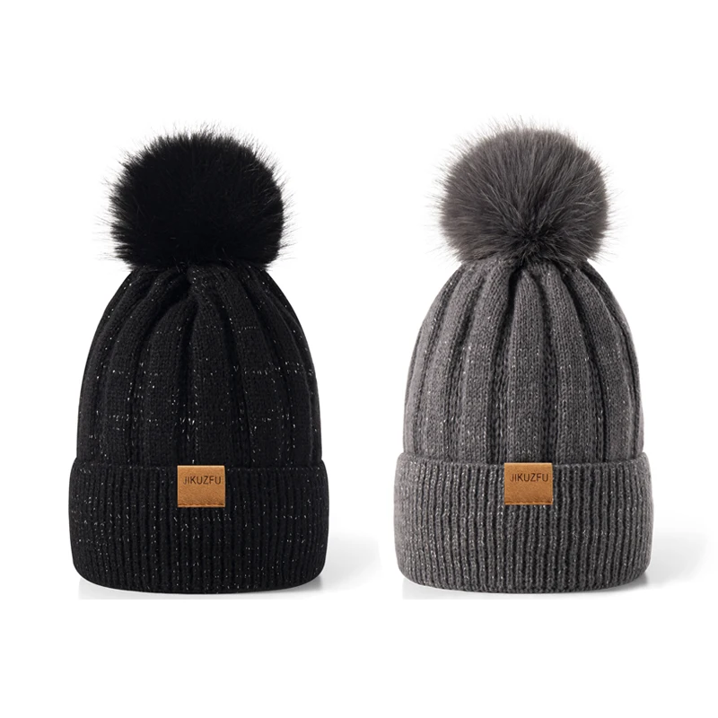 Женская зимняя вязаная шапка-бини с помпоном из искусственного меха, теплая вязаная шапка, супермягкая шапка для холодной погоды