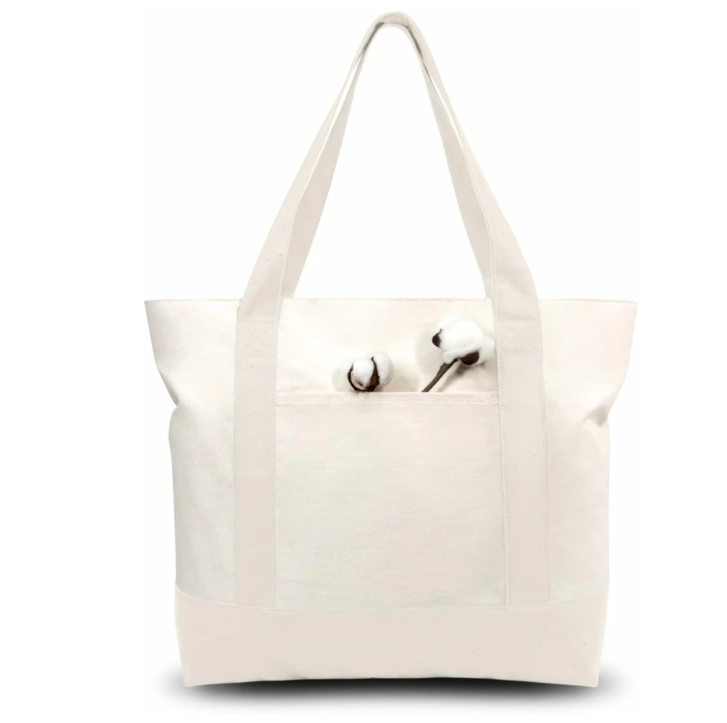 30-Pack Stylish Canvas Tote Bag with an External Pocket, Top Zipper Closure, Daily Essentials (Natural)