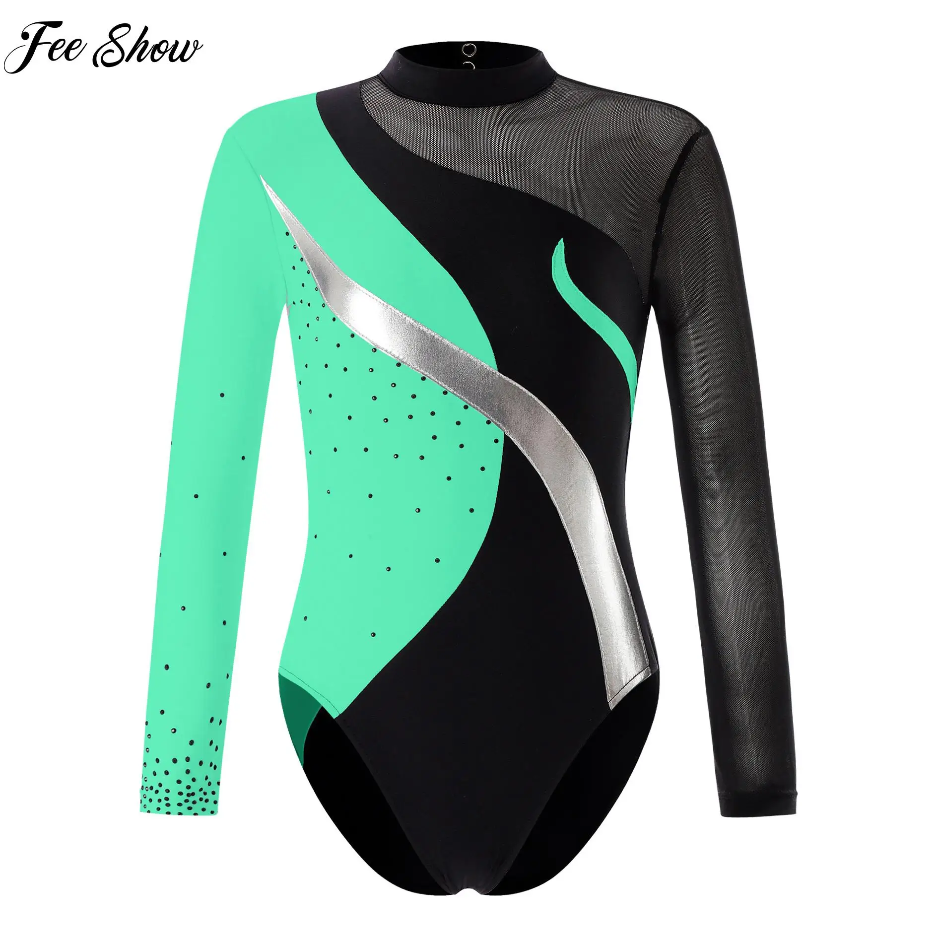 Kids Long Sleeve Gymnastics Bodysuit Patchwork Skating Jumpsuit for Girls Yoga Dancewear Children Ballet Dance Leotards