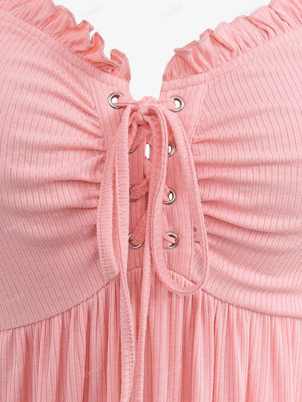 ROSEGAL Plus Size Grommets Lace Up Tee Light Pink Ripped Braided Sleeve Ruffles Ribbed Textured T-shirt Spring Summer New Tops