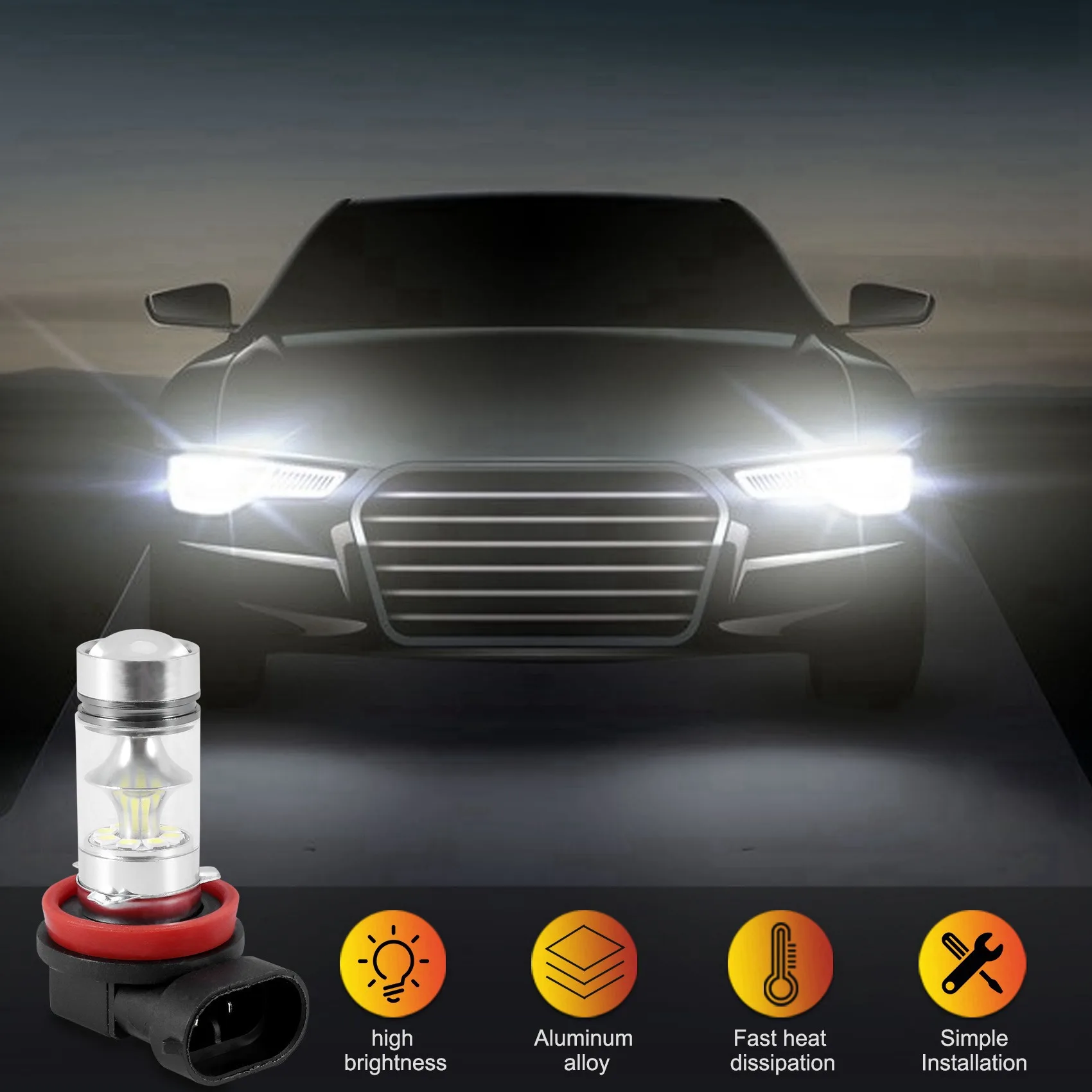 

6X H8 H11 H16 6000K White 100W High Power LED Fog Light Driving Bulb DRL
