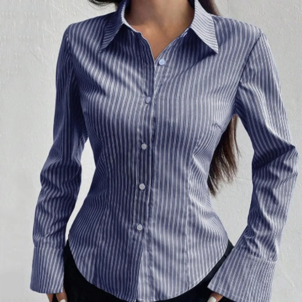 

Classic Striped Long Sleeved Blouse Patchwork Single-breasted Stripe Shirts for Women V-neck Loose Retro Chic Tops