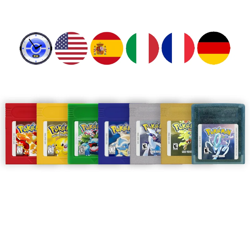 GB/GBC Real Time Clock Pokémon Yellow/Blue/Crystal/Green/Gold/Red/Silver Video Game Cartridge CR2032 Battery EN/ES/FR/DE/IT
