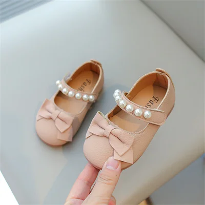 Girls Pearl Bow Round Toe Leather Shoes Pink/beige, Girls Spring and Autumn New Outdoor PU Casual Leather Shoes, Size 21-30