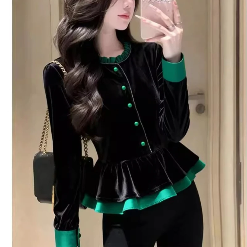

Женская блузка с рюшами и высокой талией, зеленая с черными бархатными вставками, модная элегантная велюровая рубашка для женщин